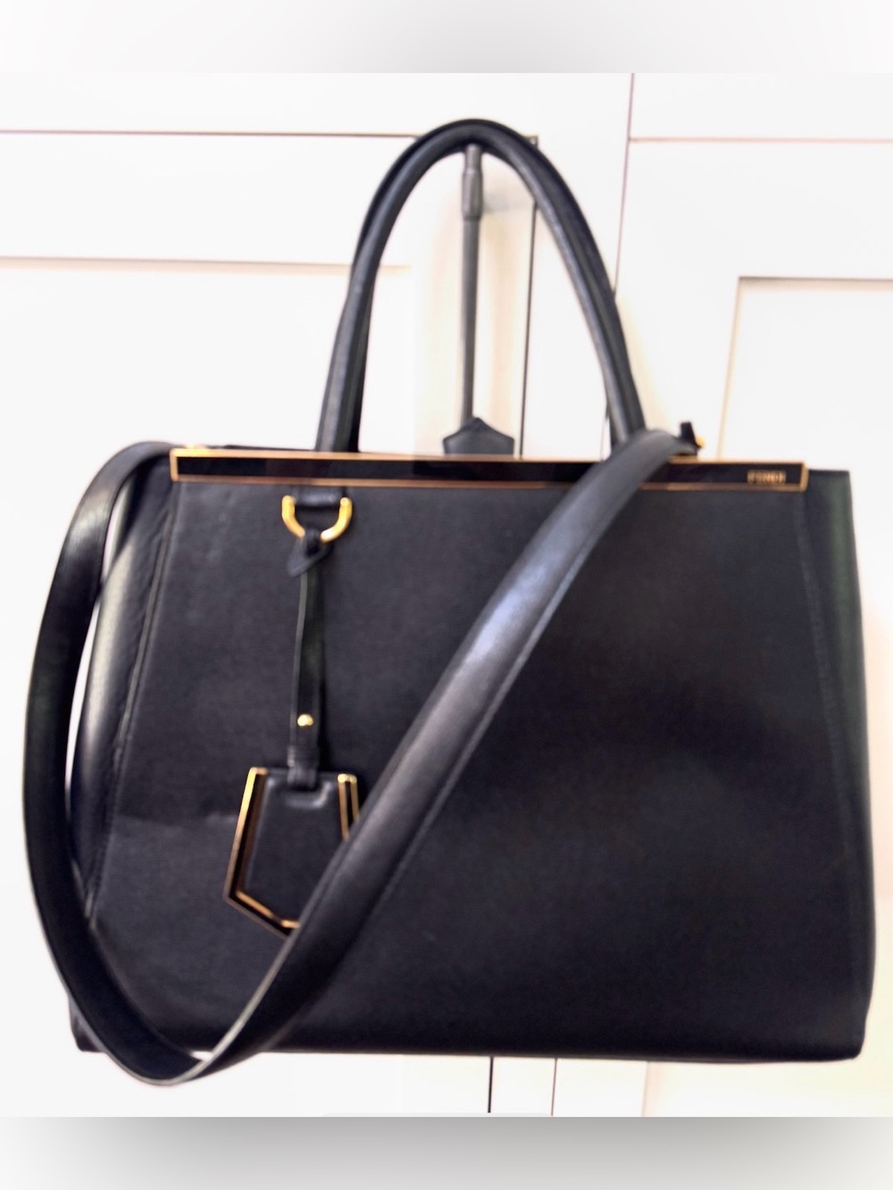 FENDI Large 2Jours Black Leather Tote Bag Shoulder Strap EUC